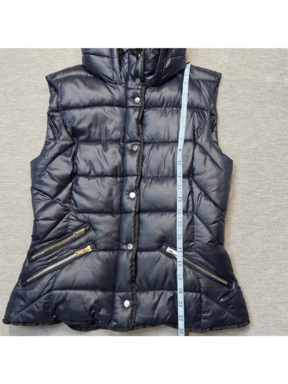 Zara Trafaluc Hooded Puffer Vest Womens Size S Blue Snap Zip Pockets Black Trim - Picture 12 of 16